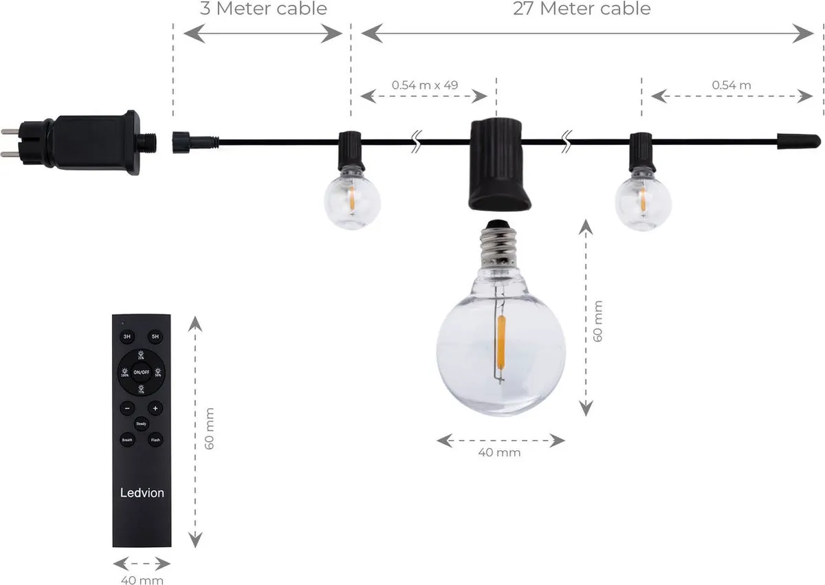 LEDVION Lichtsnoer 27m Dimbaar - 50x E12 LED 15W 2700K IP44