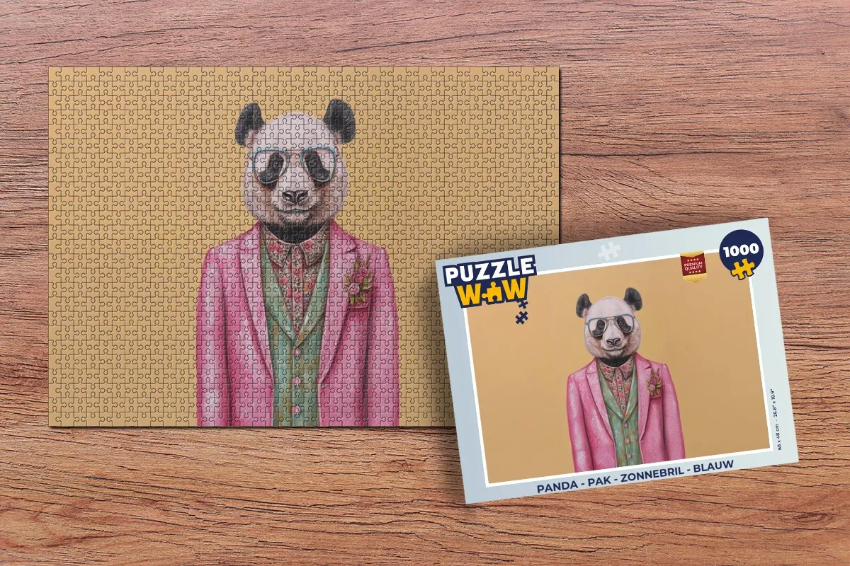 PuzzleWow Puzzel Panda Zonnebril Legpuzzel 1000 Stuks - Blauw