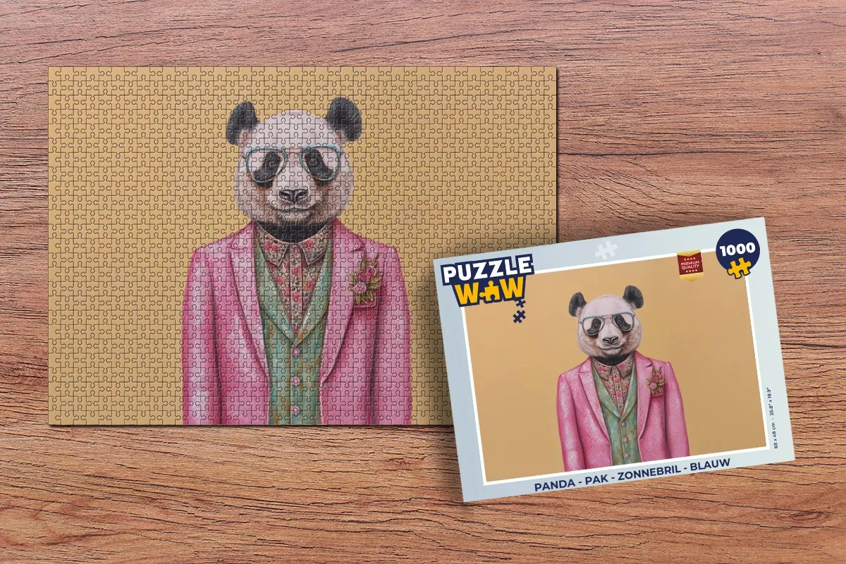 PuzzleWow Puzzel Panda Zonnebril Legpuzzel 1000 Stuks - Blauw