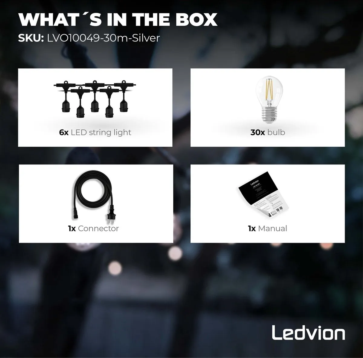 LEDVION Prikkabel 30M - 30x E27 LED 30W 2100K - Zwart