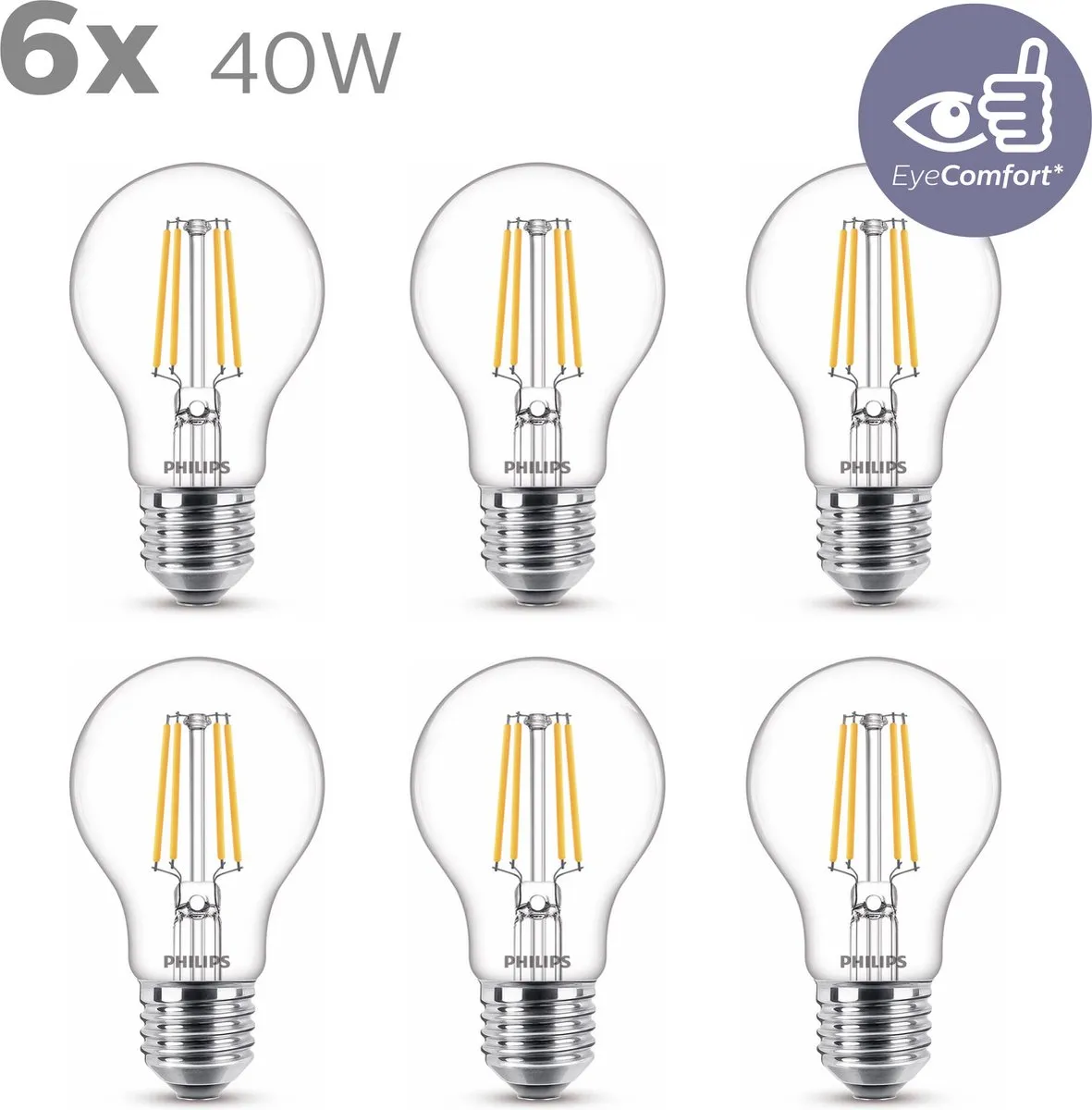 Philips LED Transparante Lamp 4.3W E27 Warmwit - 6 Stuks