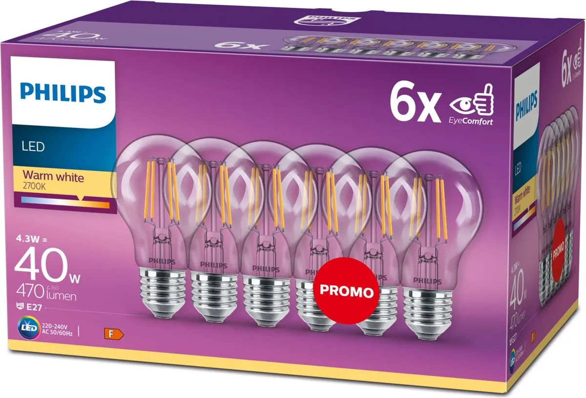 Philips LED Transparante Lamp 4.3W E27 Warmwit - 6 Stuks
