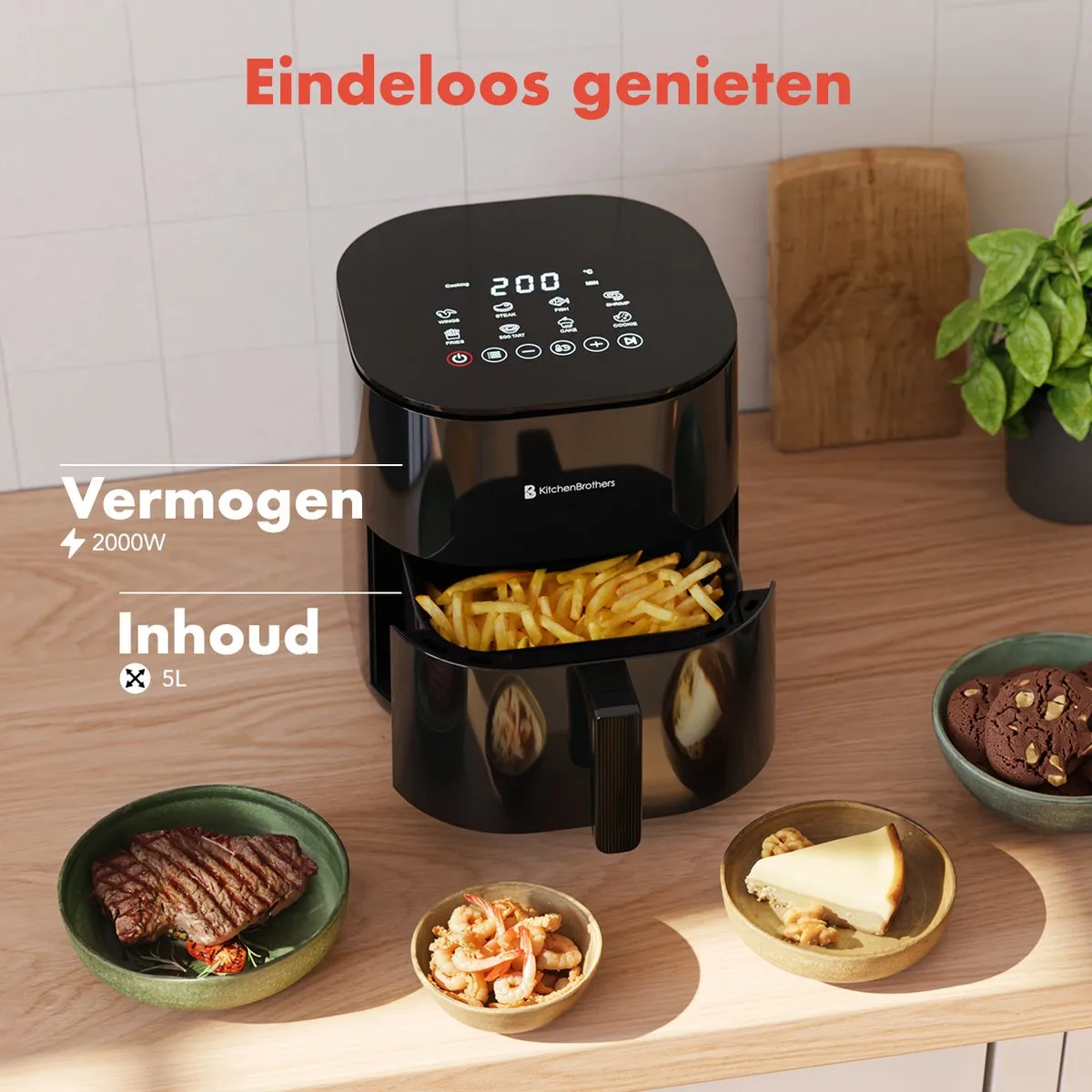 KitchenBrothers Airfryer XL 2000W 5L - 8 Programma's - Dual Heating - Zwart
