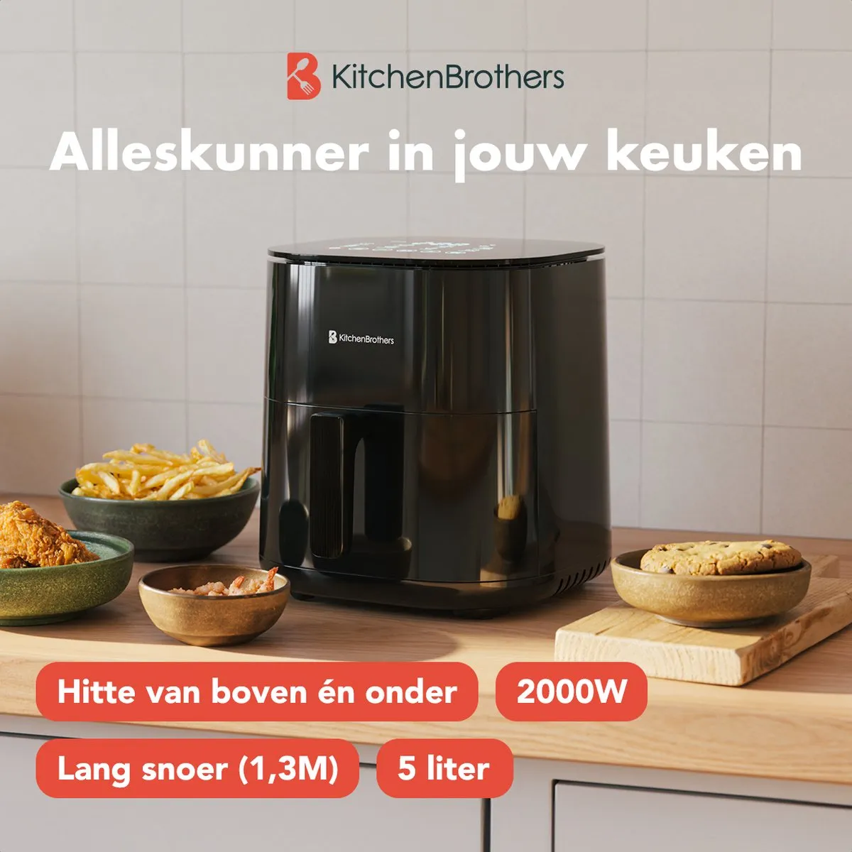 KitchenBrothers Airfryer XL 2000W 5L - 8 Programma's - Dual Heating - Zwart