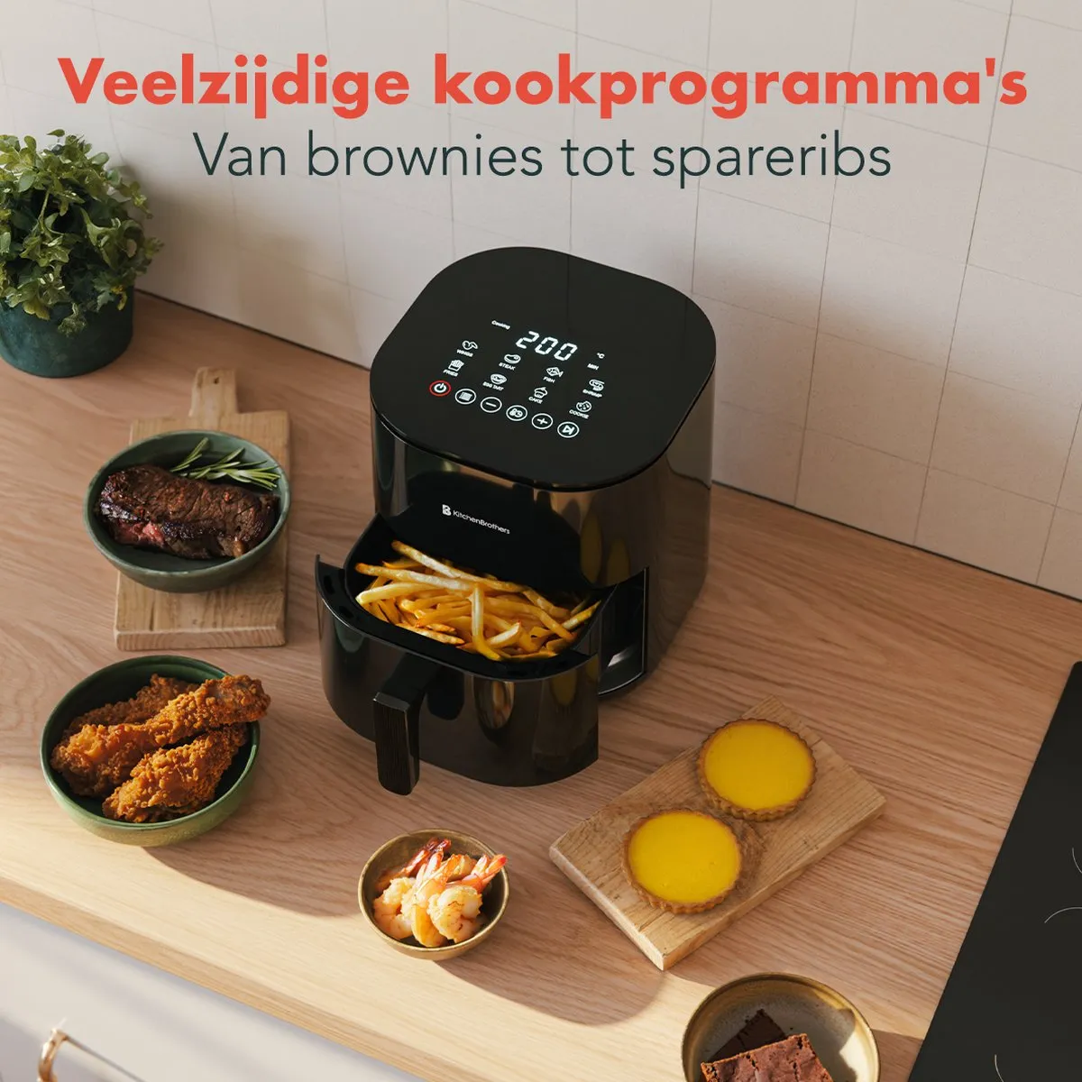 KitchenBrothers Airfryer XL 2000W 5L - 8 Programma's - Dual Heating - Zwart