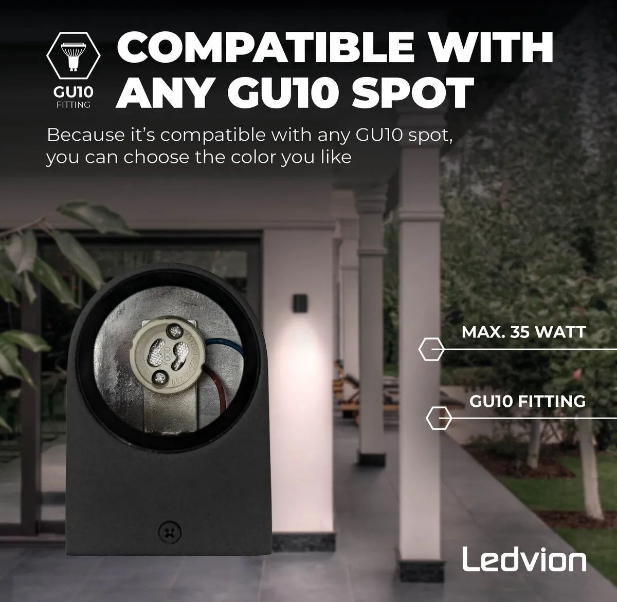 Ledvion Vesta LED Wandlamp GU10 - 3W - IP54 - Zwart