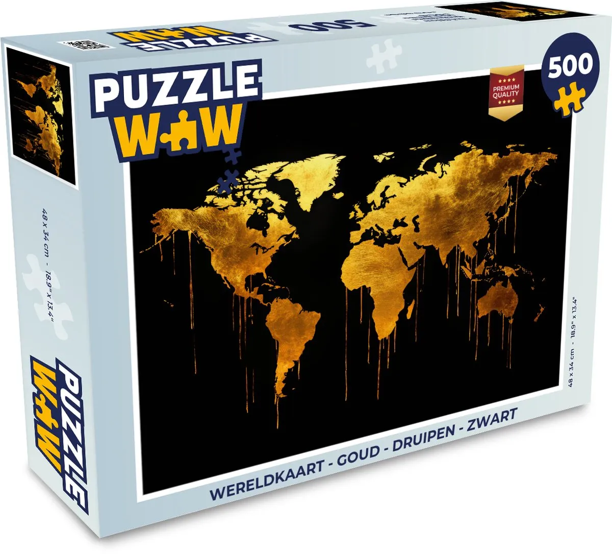 PuzzleWow Wereldkaart Legpuzzel 500 Stuks - Goud/Zwart