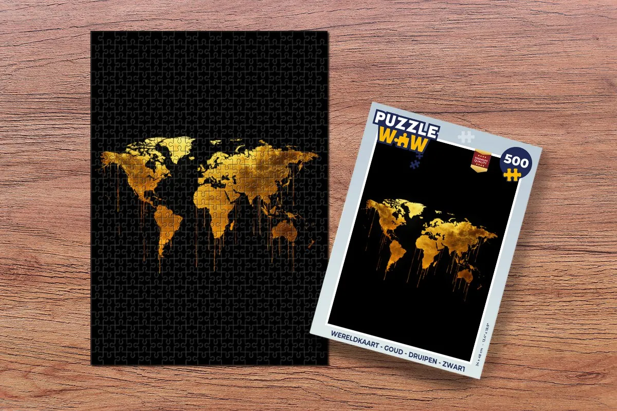 PuzzleWow Wereldkaart Legpuzzel 500 Stuks - Goud/Zwart