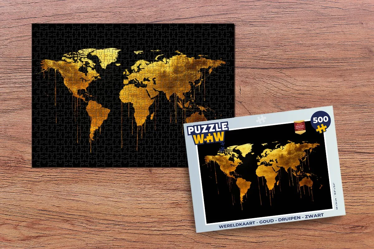 PuzzleWow Wereldkaart Legpuzzel 500 Stuks - Goud/Zwart