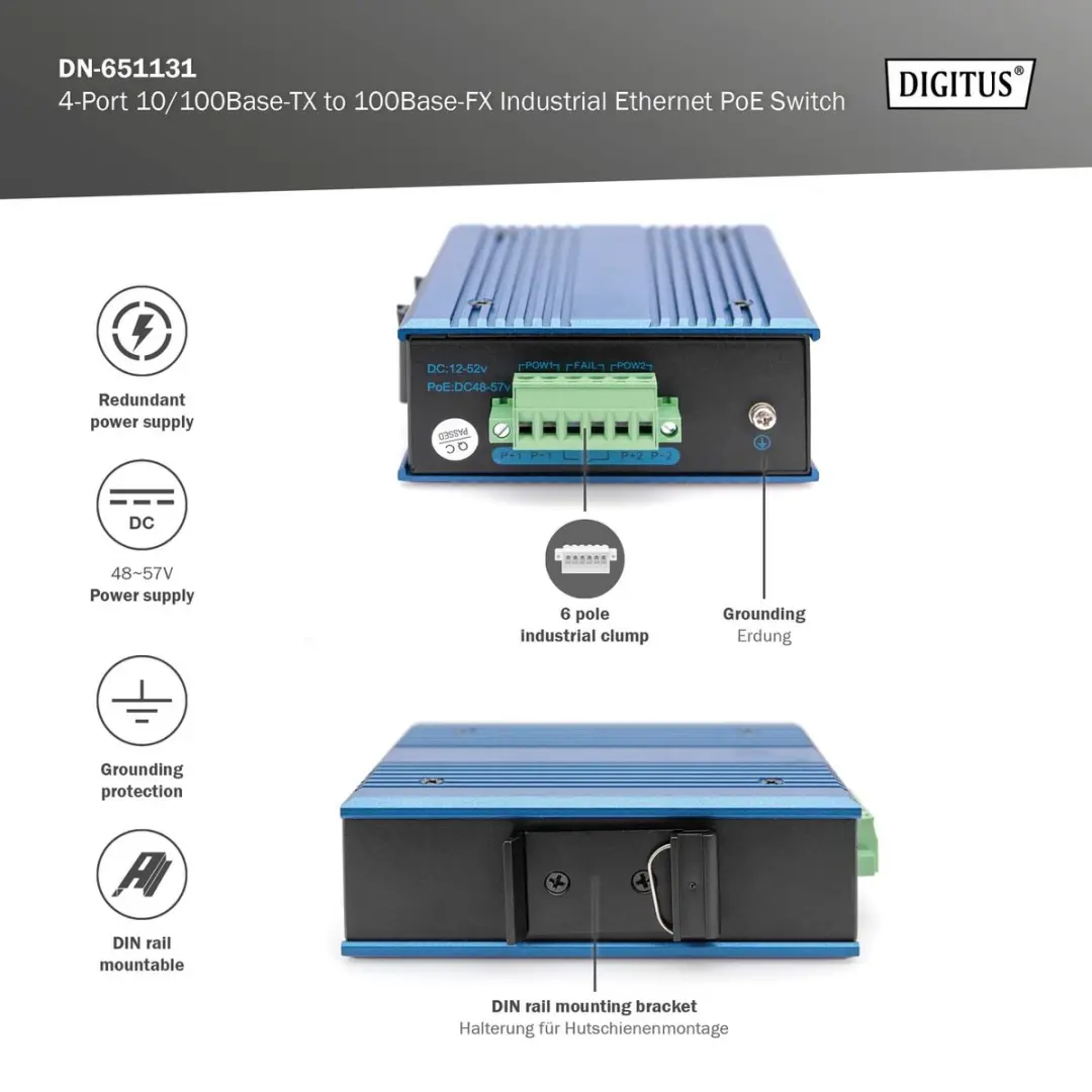 Digitus DN-651131 Switch 4-Port 10/100 30W PoE - Zwart/Blauw - afbeelding 6 van 6