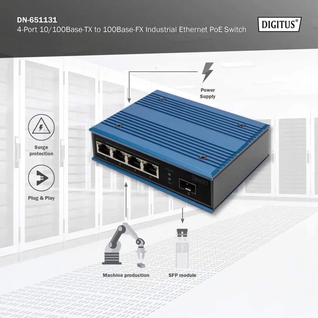 Digitus DN-651131 Switch 4-Port 10/100 30W PoE - Zwart/Blauw - afbeelding 5 van 6