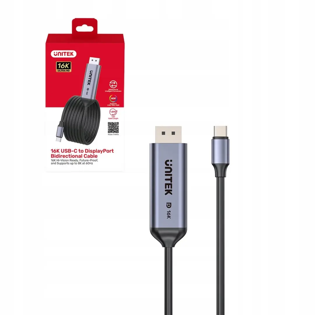 Unitek USB-C naar DisplayPort Kabel 16K 80Gbps HDR 1.8m Bidirectioneel