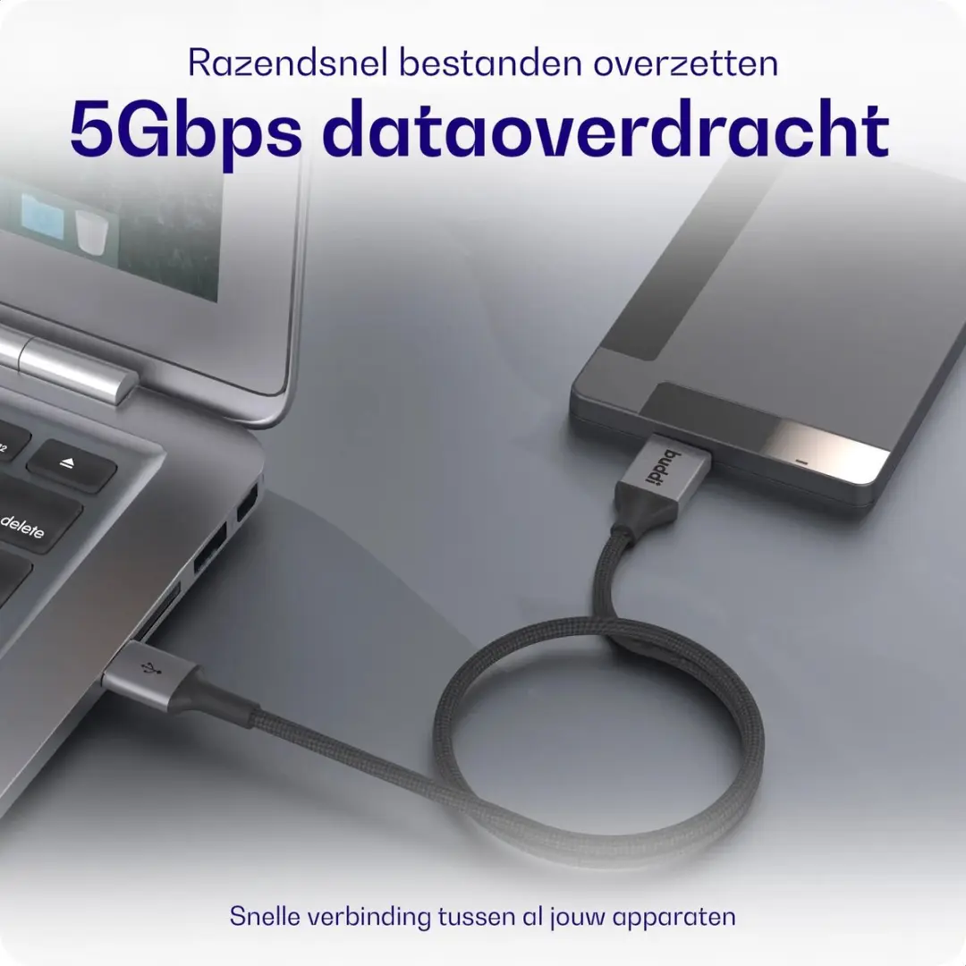 Buddi Flex USB-A naar Micro-B Kabel 12W 30cm - Zwart - afbeelding 5 van 6
