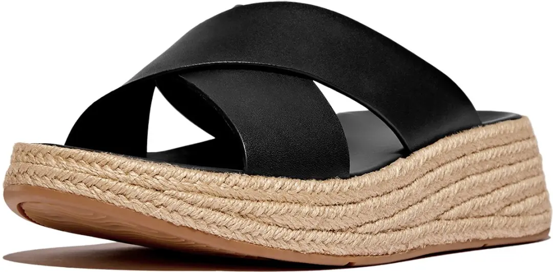 FitFlop FitFlop F-Mode Espadrille Leather Flatform Cross Slides ZWART