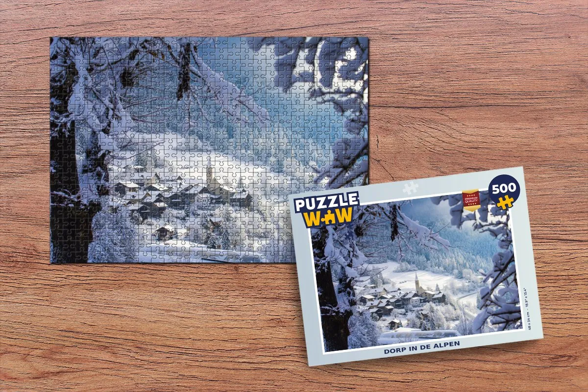 PuzzleWow Alpen Sneeuw Dorp Legpuzzel 500 Stuks - Multicolor