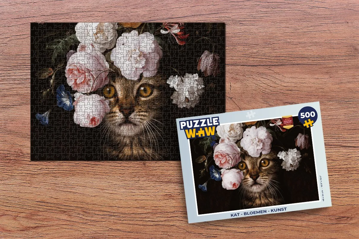 PuzzleWow Kat Bloemen Legpuzzel 500 Stuks - Multicolor