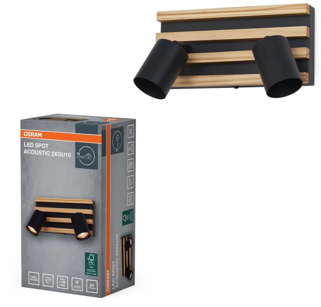OSRAM zwart/houtdecor, staal en grenenhout, 220-240 V, GU10, klemverbinding, 3-p