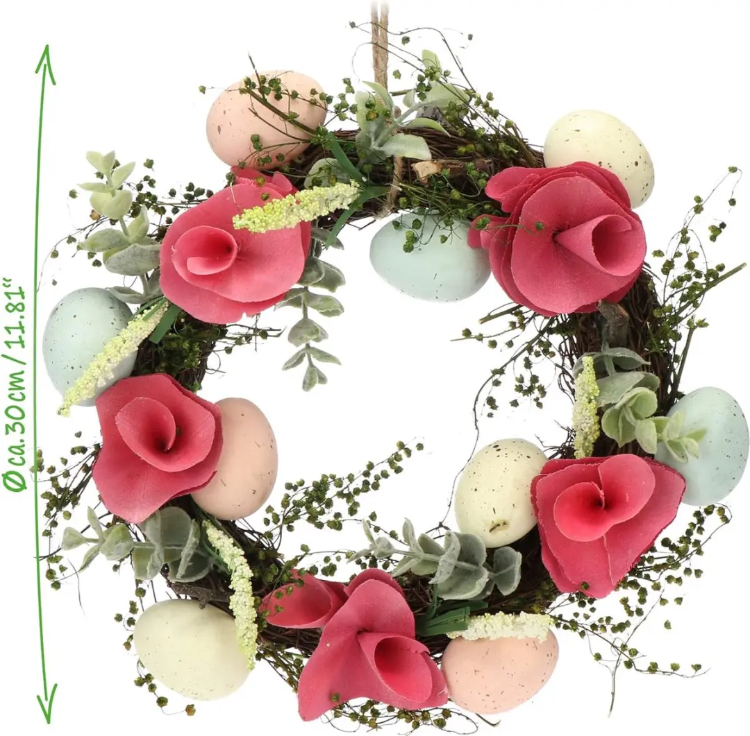 Paaskrans met bloemen van hout en eieren, decoratieve tafelkrans, deurkrans met