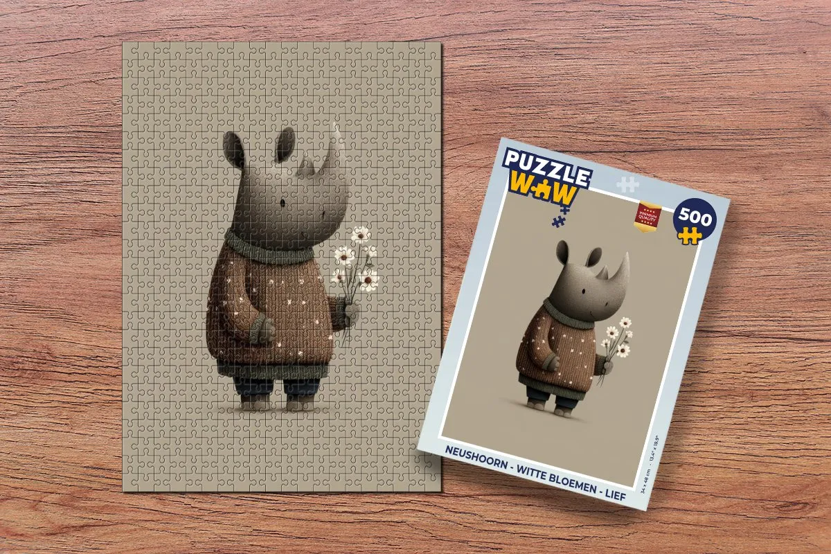 PuzzleWow Neushoorn - Witte Bloemen Legpuzzel 500 Stuks