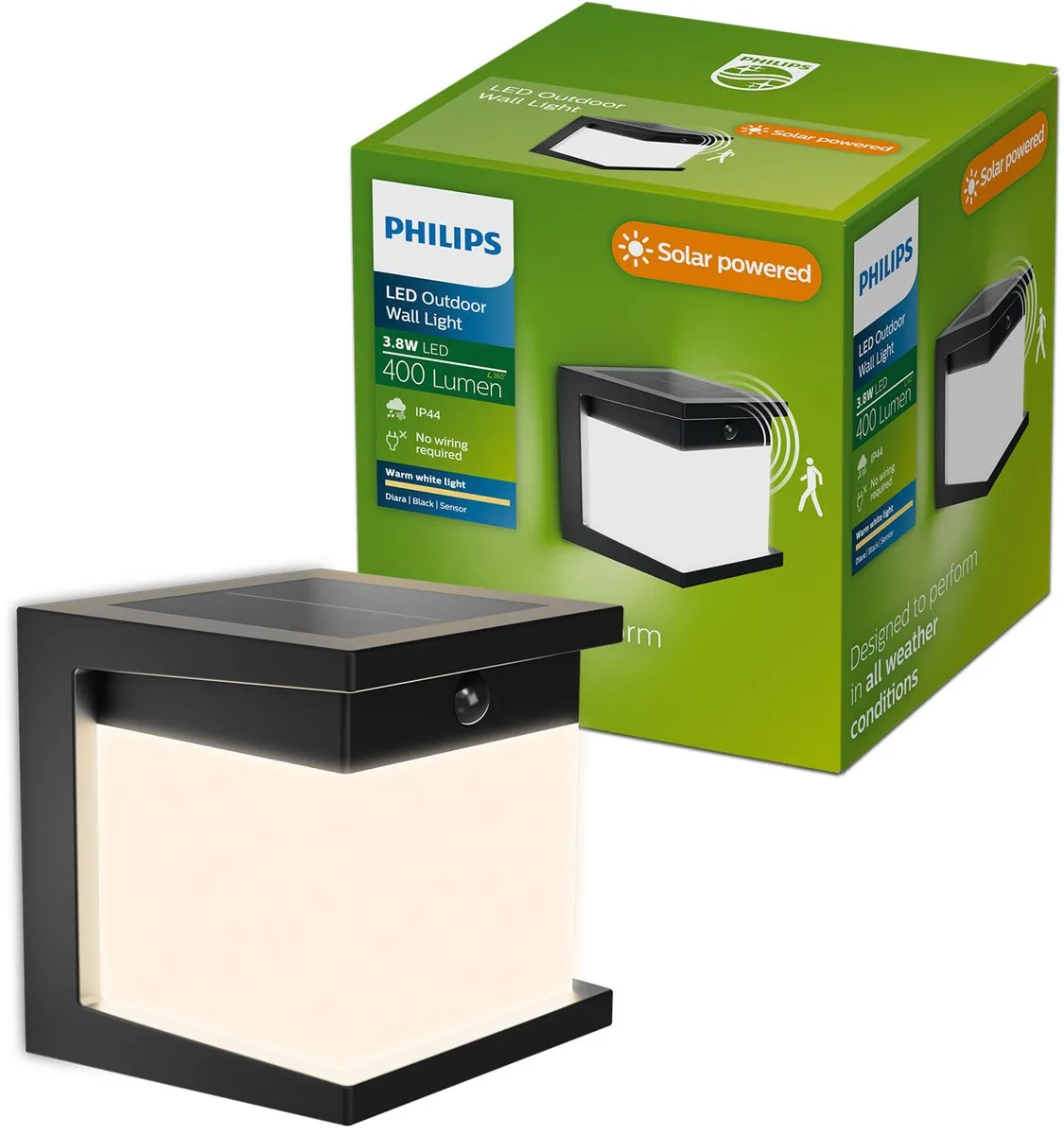 Philips Diara Solar wandlamp - Zonne-energie - Warmwit licht: 2700K - Zwart - Twee lichtstanden - Schemersensor - Bewegingssensor - IP44: weerbestendig - Solar buitenverlichting