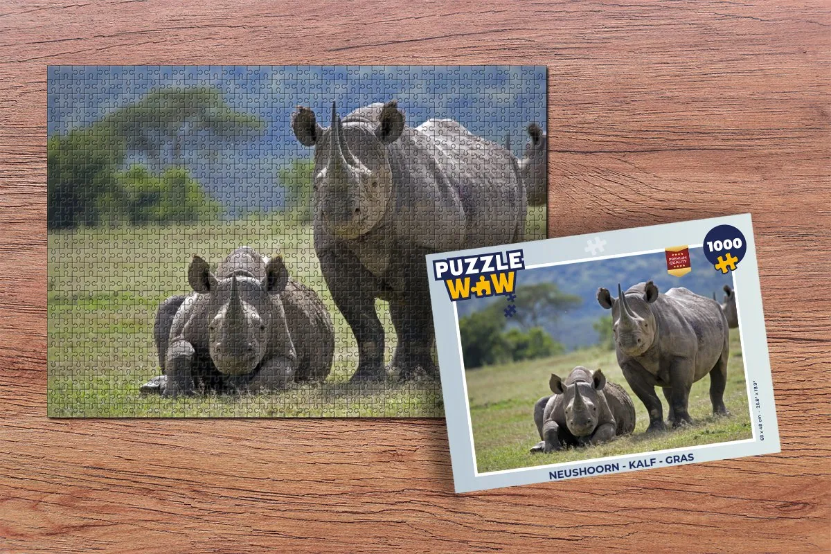 PuzzleWow Neushoorn Kalf Gras Legpuzzel 1000 Stuks - Multicolor