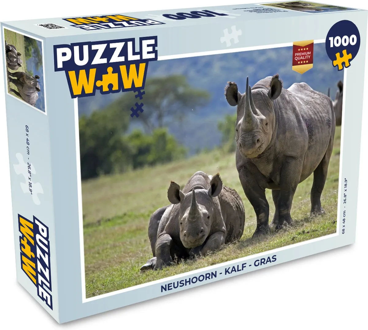 PuzzleWow Neushoorn Kalf Gras Legpuzzel 1000 Stuks