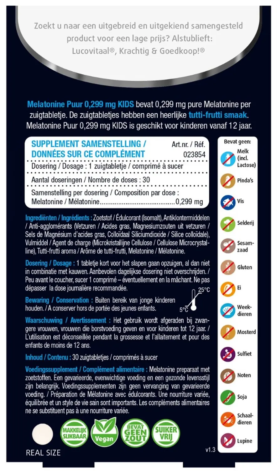 Lucovitaal Melatonine Kinderen 0,299mg Tutti-Frutti 30 Zuigtabletten - afbeelding 4 van 6