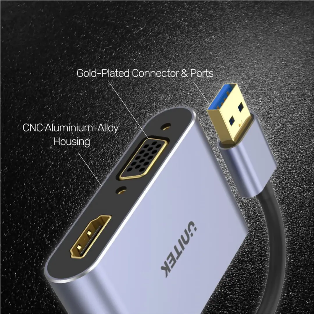 Unitek V1304A Video Kabeladapter USB-A naar HDMI/VGA - 0,15m - Grijs - afbeelding 6 van 6