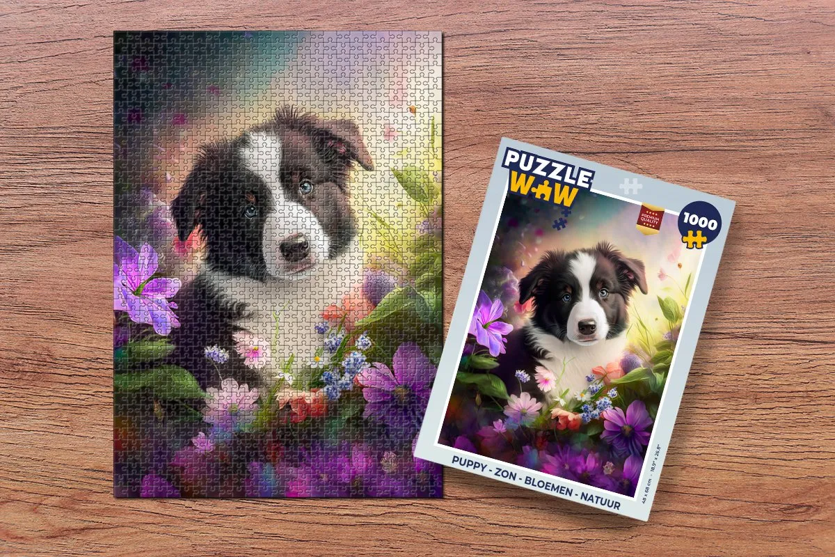PuzzleWow Puppy Zon Bloemen Natuur Bordercollie Legpuzzel 1000 Stuks - Multicolor