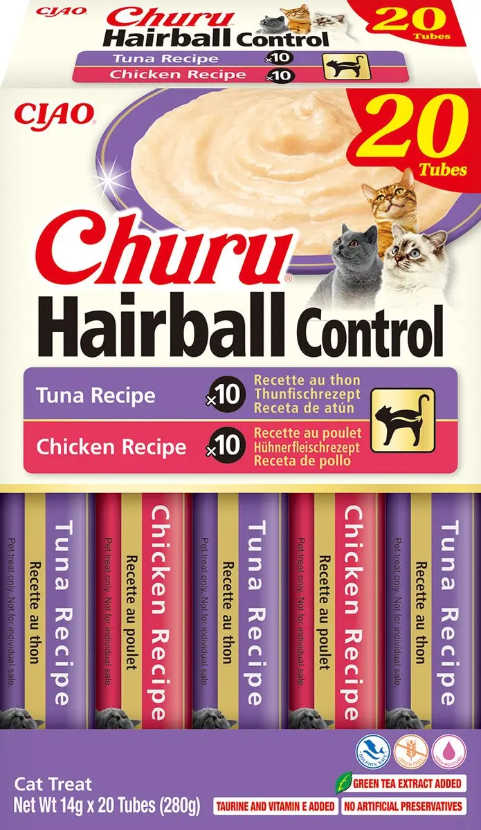 Inaba Ciao Churu Hairball Creamy Puree Liquid Kattensnack Tonijn & Kip 20x14g