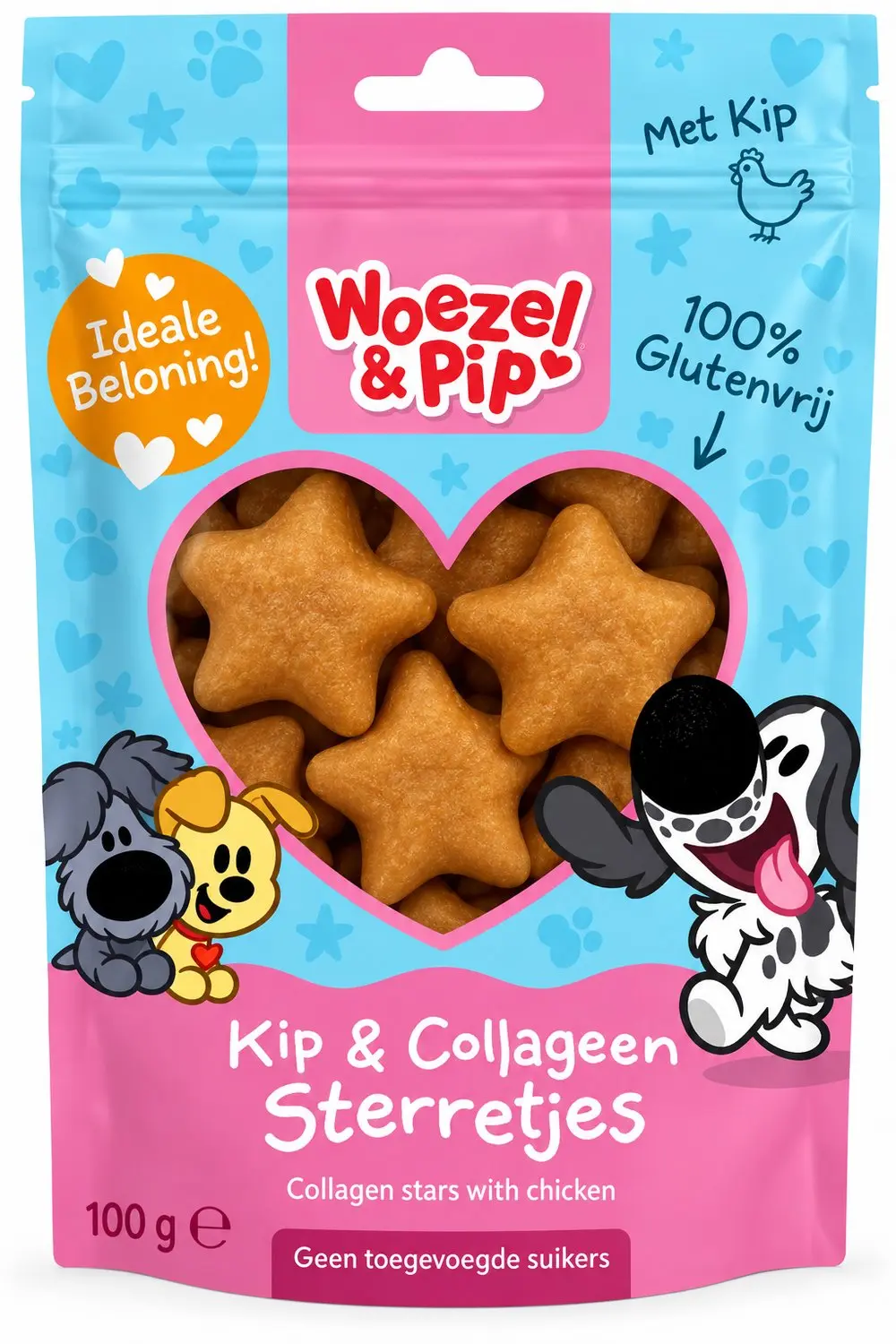 Woezel & Pip Kip & Collageen Sterretjes Hondensnack 100g