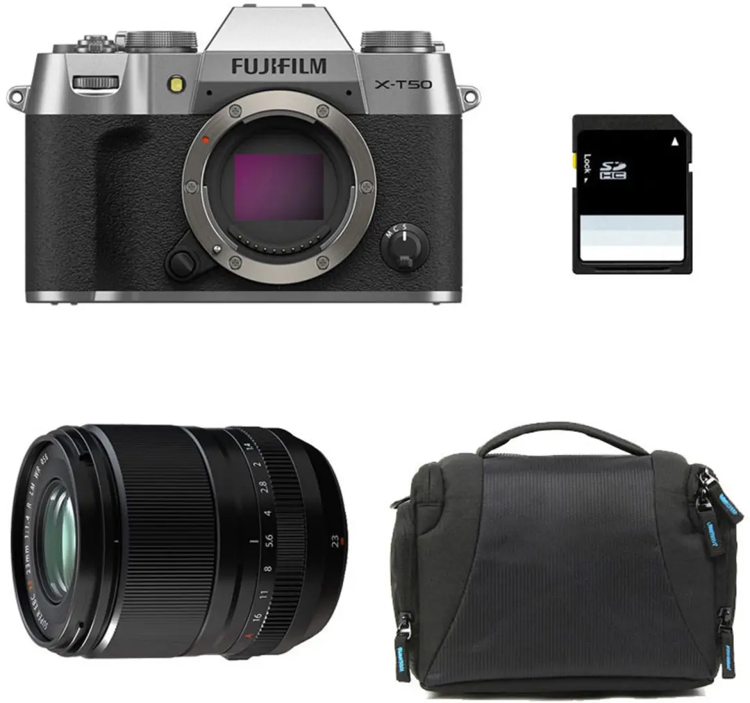 FUJIFILM X-T50 Silber + 23mm f/1.4 WR + Tasche + 8 GB SD-Karte