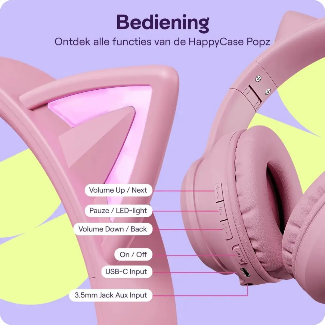 HappyCase Popz HCPC0001 Kinderkoptelefoon - Roze - Kattenoortjes - afbeelding 6 van 6