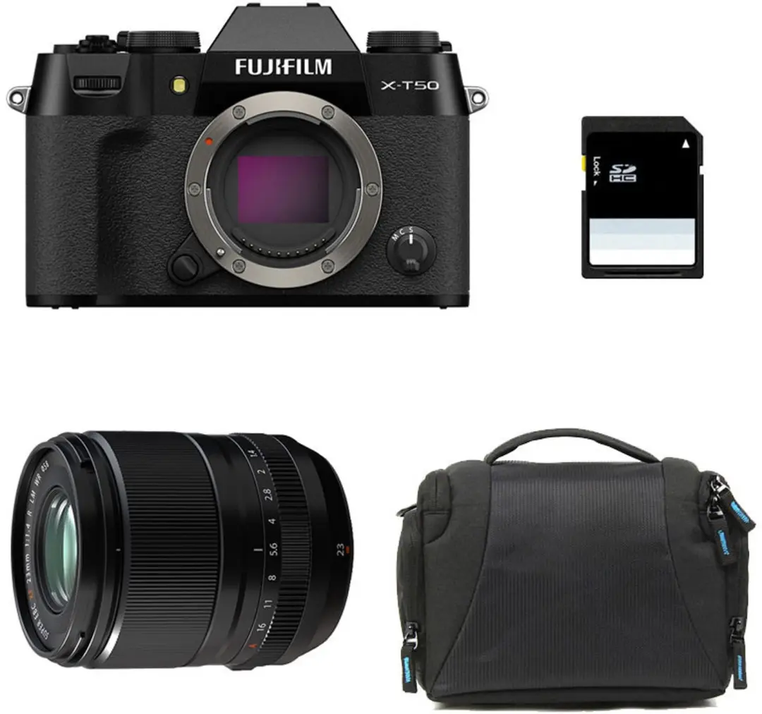 FUJIFILM X-T50 SCHWARZ + 23mm f/1.4 WR + Tasche + 8 GB SD-Karte