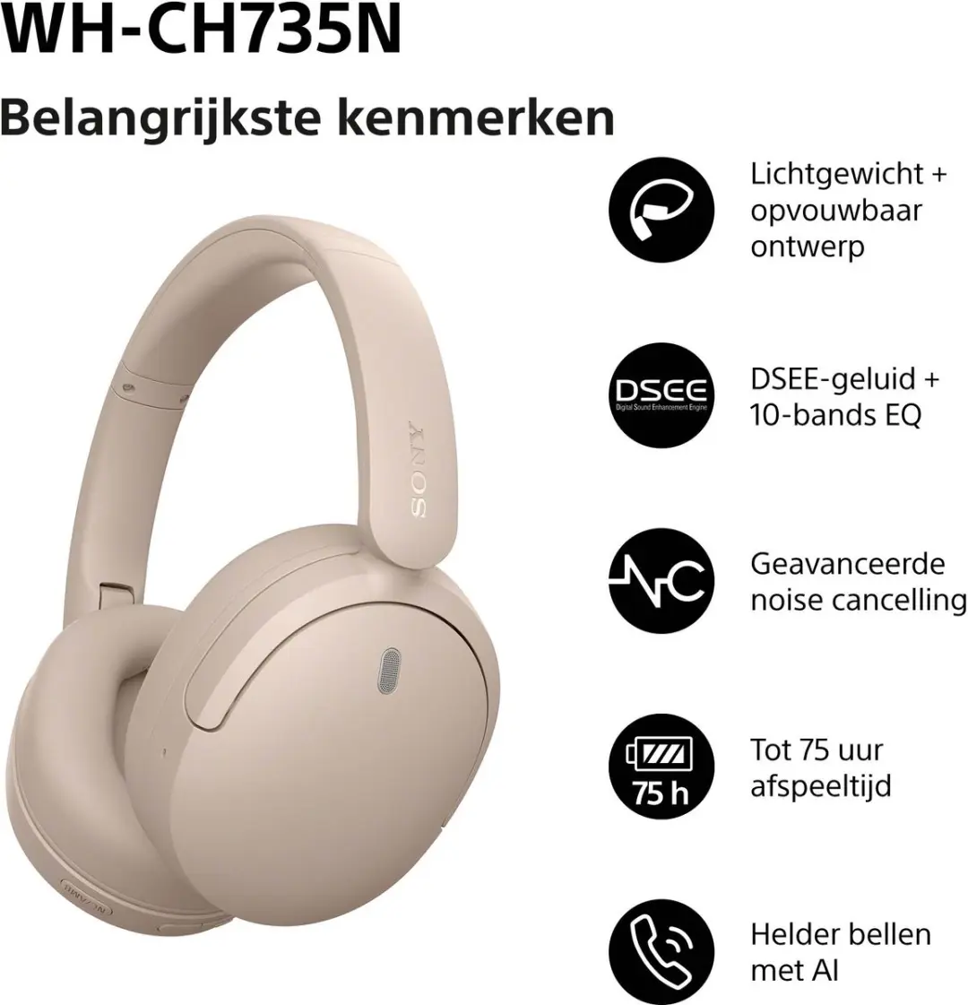 Sony WH-CH735N Noise Cancelling Koptelefoon - Beige - afbeelding 6 van 6