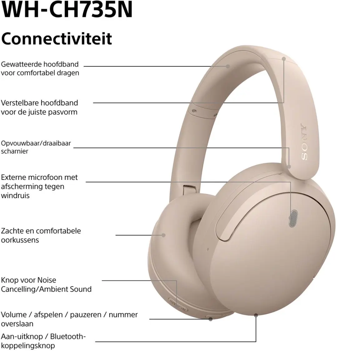 Sony WH-CH735N Noise Cancelling Koptelefoon - Beige - afbeelding 4 van 6