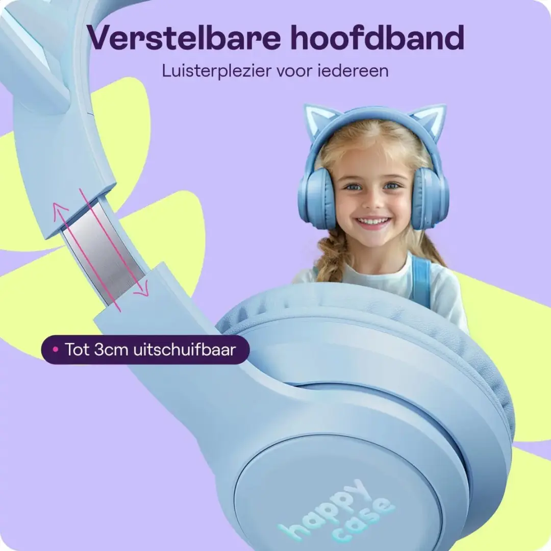 HappyCase Popz Kinder Koptelefoon - Blauw Kattenoortjes - Bluetooth - Volumebegrensd - afbeelding 5 van 6