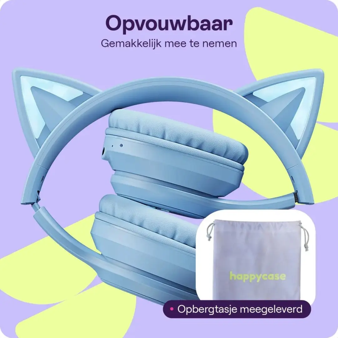 HappyCase Popz Kinder Koptelefoon - Blauw Kattenoortjes - Bluetooth - Volumebegrensd - afbeelding 4 van 6