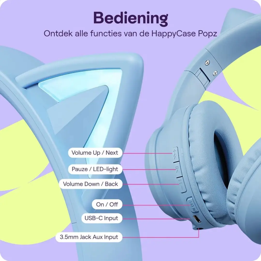 HappyCase Popz Kinder Koptelefoon - Blauw Kattenoortjes - Bluetooth - Volumebegrensd - afbeelding 6 van 6