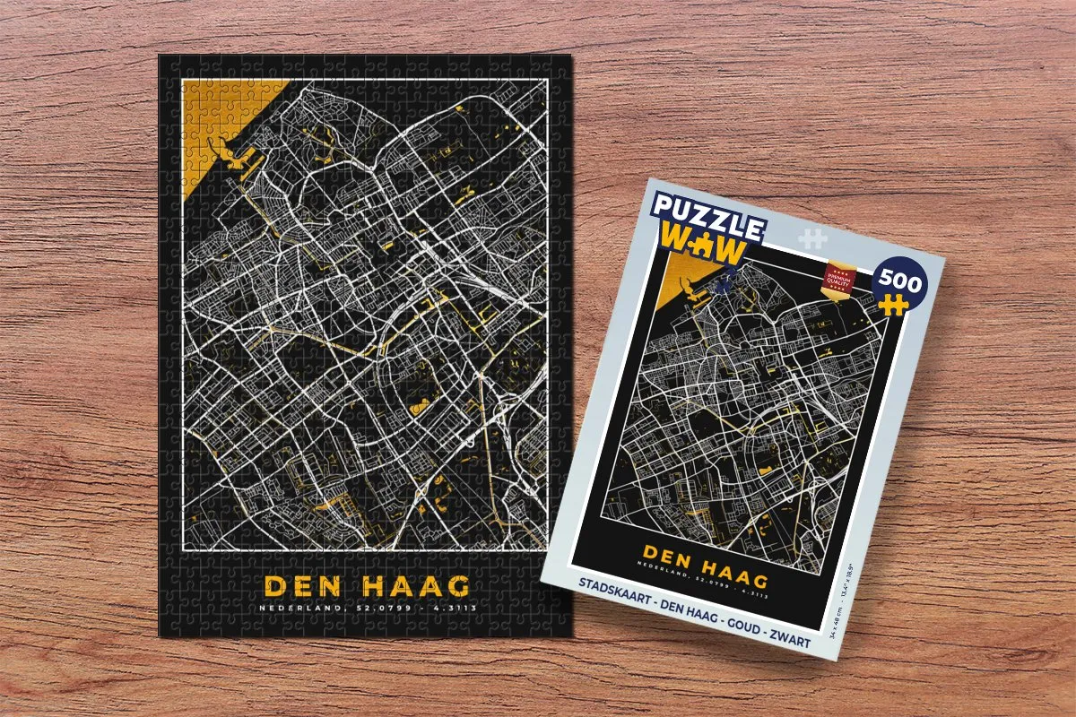 PuzzleWow Stadskaart Den Haag Legpuzzel 500 Stuks - Goud/Zwart