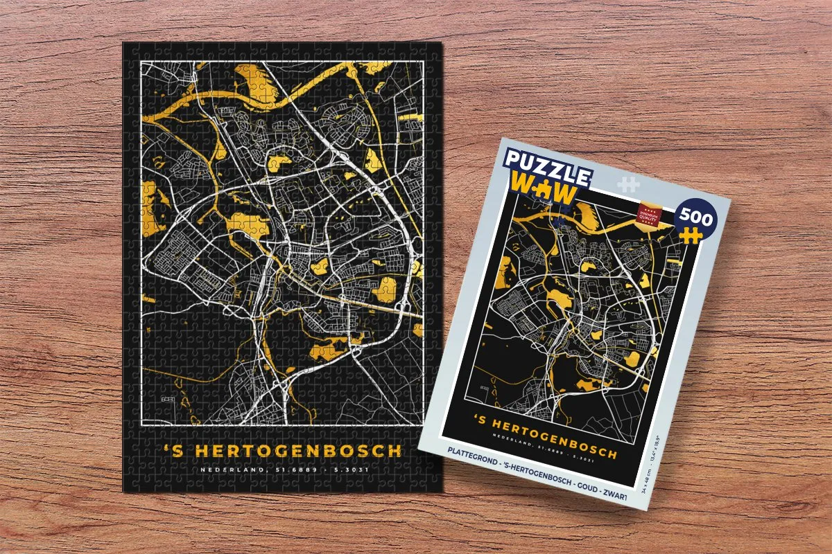 PuzzleWow Plattegrond 's-Hertogenbosch Legpuzzel 500 Stuks - Goud/Zwart