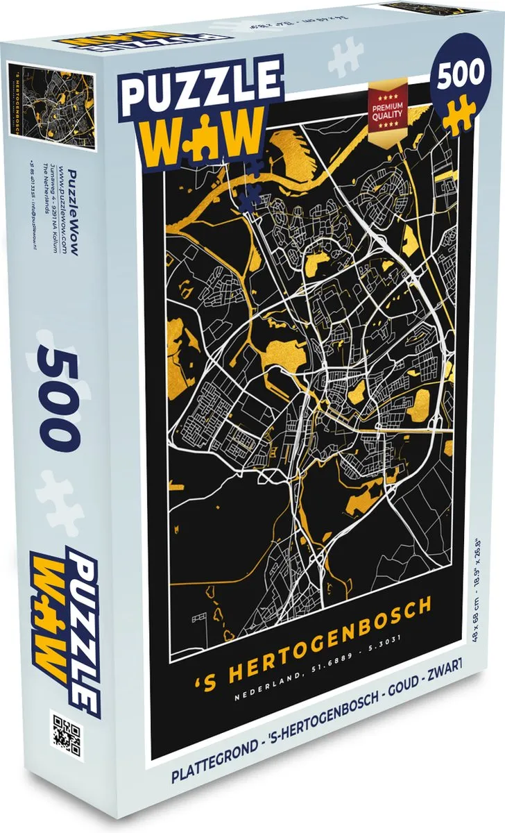 PuzzleWow Plattegrond 's-Hertogenbosch Legpuzzel 500 Stuks - Goud/Zwart