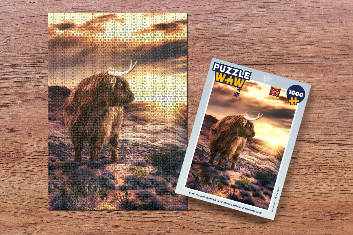 PuzzleWow Schotse Hooglander Zonsondergang Legpuzzel 1000 Stuks - Multicolor