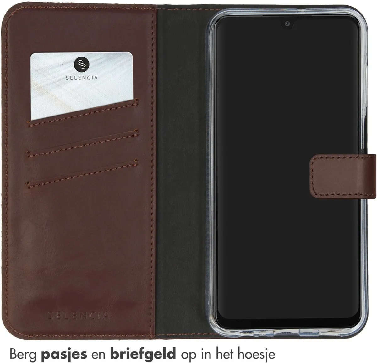 Selencia Hoesje Samsung Galaxy A15 - Echt Leder Bookcase Donkerbruin