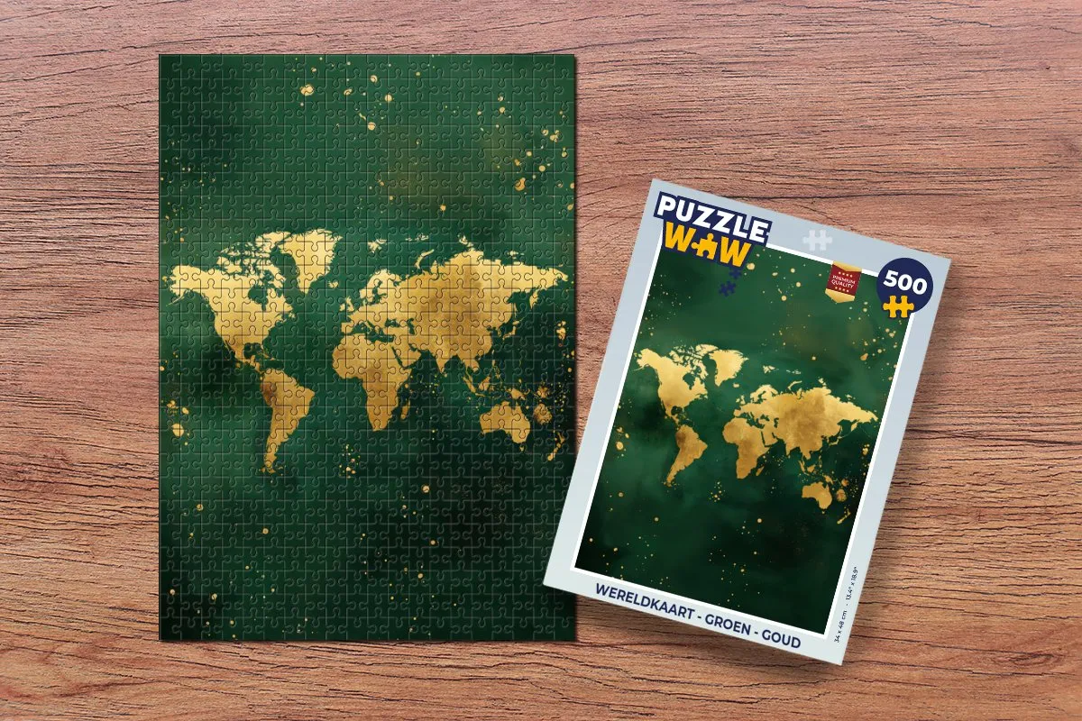 PuzzleWow Wereldkaart Legpuzzel 500 Stuks - Groen/Goud
