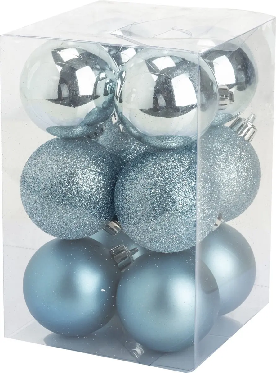 12x stuks kunststof kerstballen ijsblauw 6 cm mat/glans/glitter