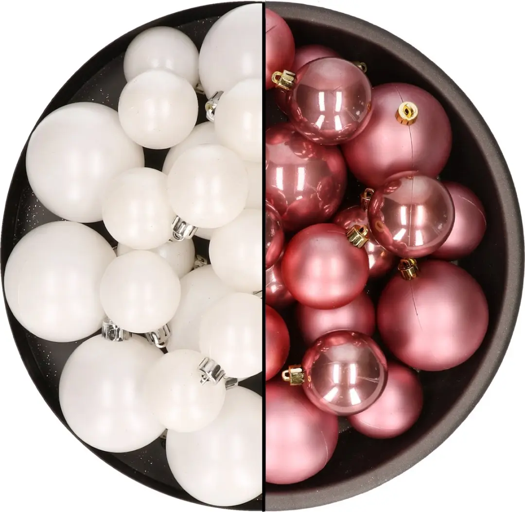 Kerstversiering kunststof kerstballen kleuren mix oud roze/winter wit 4-6-8 cm p