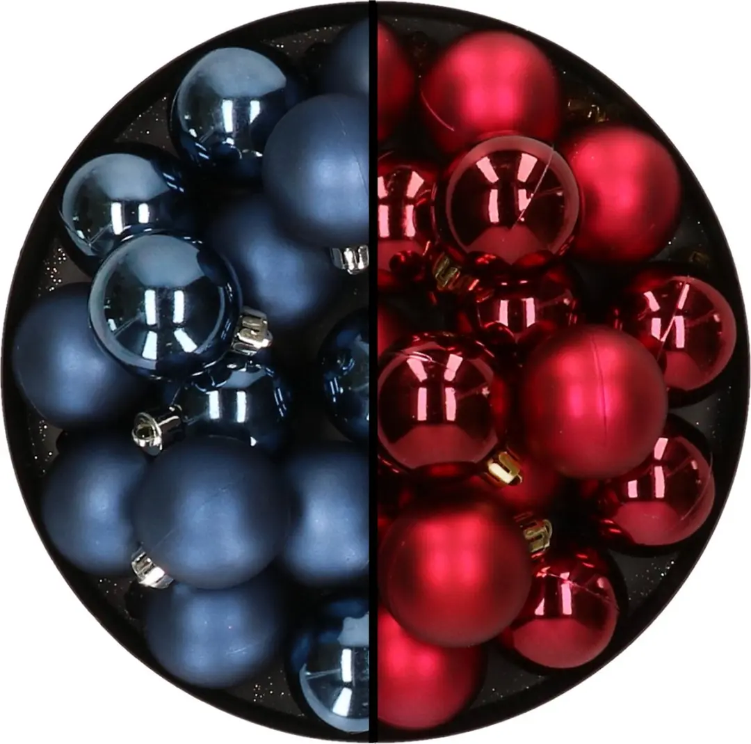 32x stuks kunststof kerstballen mix van donkerblauw en donkerrood 4 cm