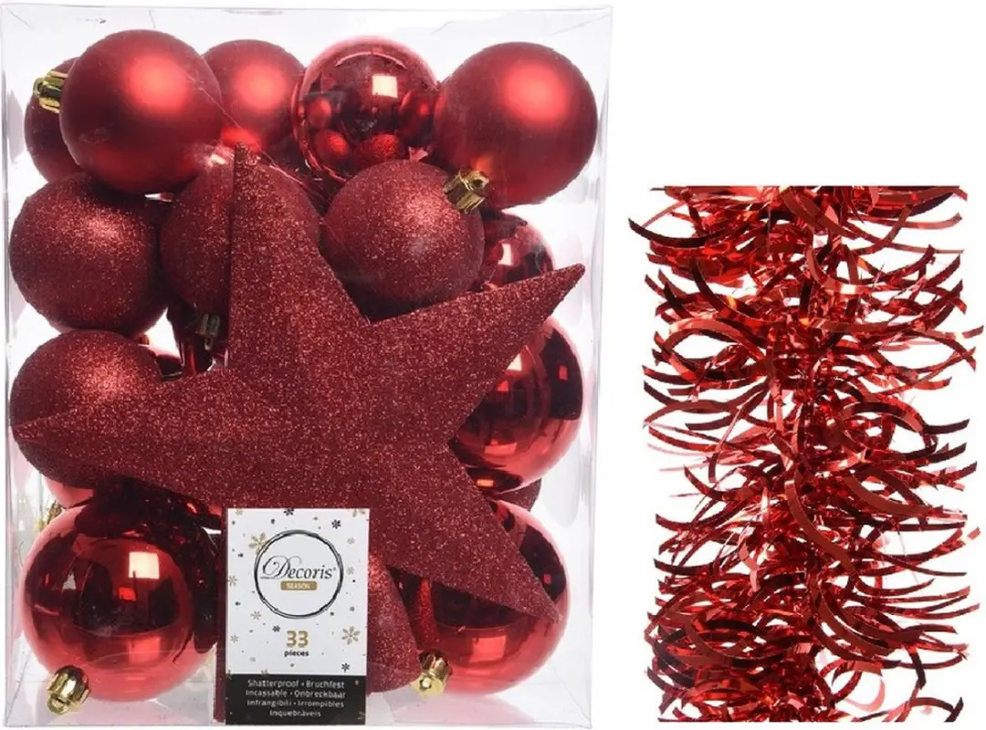 Kerstversiering kunststof kerstballen 5-6-8 cm met ster piek en golf folieslinge