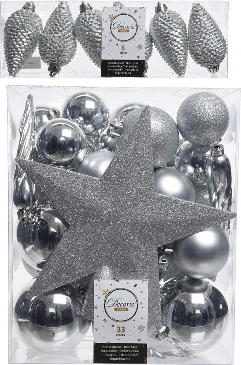 Kerstversiering kunststof kerstballen en hangers zilver 5-6-8 cm pakket van 39x